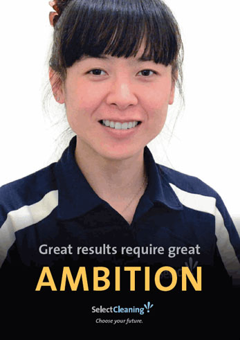 Book cover titled Great Results Require Great Ambition with a photo of a happy Select Cleaning business owner