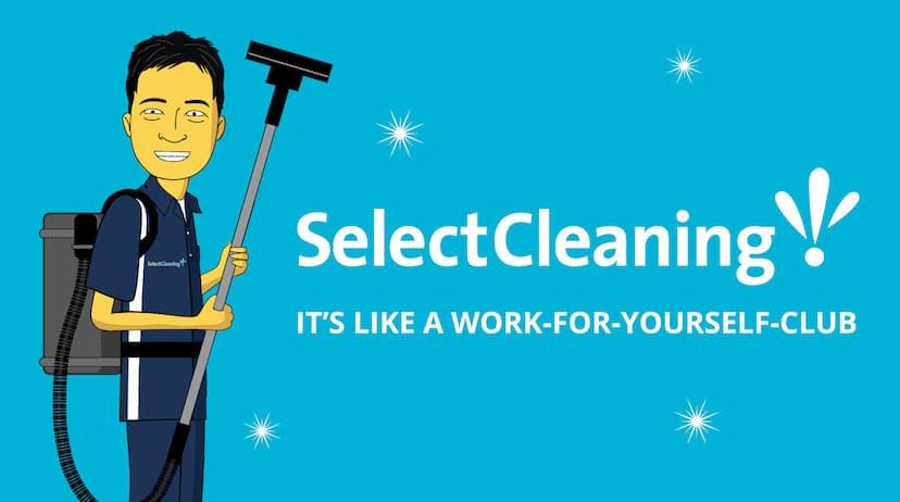 Illustration of a Select Cleaning business owner with a vacuum backpack